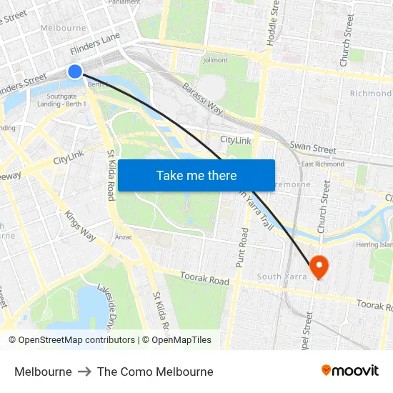 Melbourne to The Como Melbourne map