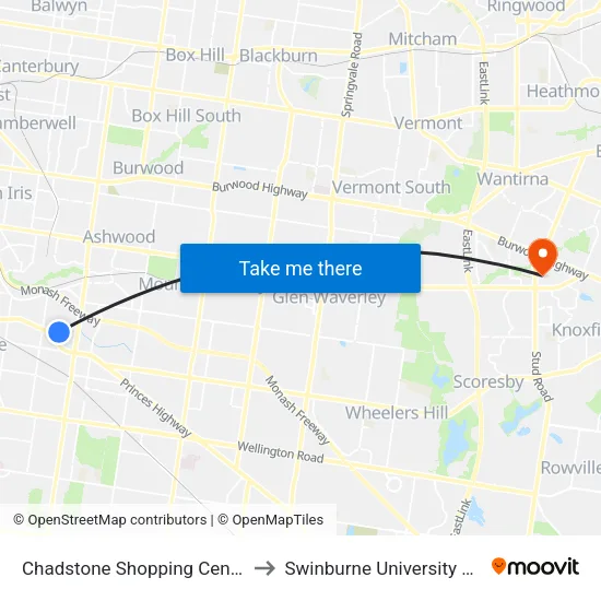 Chadstone Shopping Centre/Eastern Access Rd to Swinburne University Of Technology - Wantirna Campus map