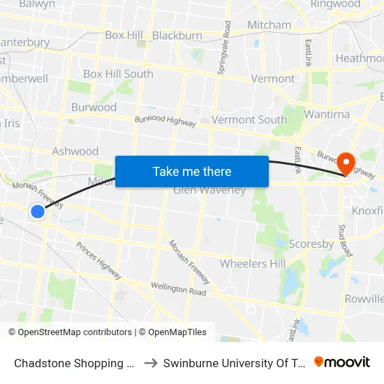Chadstone Shopping Centre/Eastern Access Rd to Swinburne University Of Technology - Wantirna Campus map