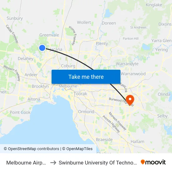 Melbourne Airport/Grants Rd to Swinburne University Of Technology - Wantirna Campus map