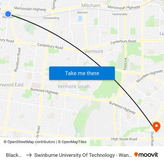 Blackburn to Swinburne University Of Technology - Wantirna Campus map