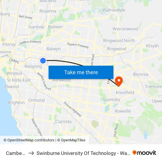 Camberwell to Swinburne University Of Technology - Wantirna Campus map