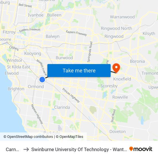 Carnegie to Swinburne University Of Technology - Wantirna Campus map