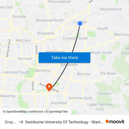 Croydon to Swinburne University Of Technology - Wantirna Campus map