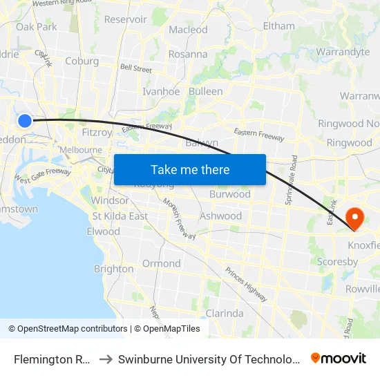Flemington Racecourse to Swinburne University Of Technology - Wantirna Campus map