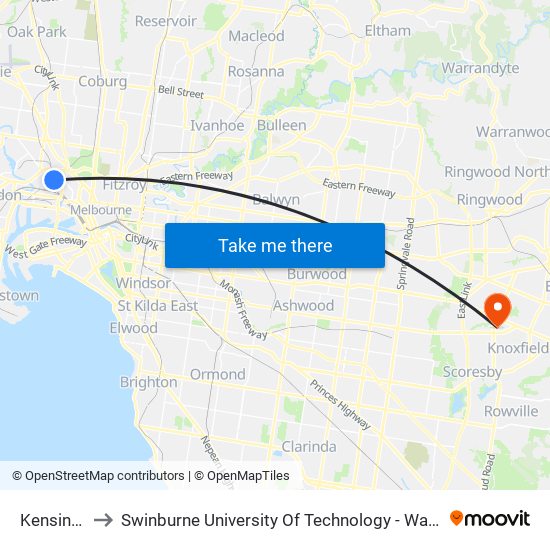 Kensington to Swinburne University Of Technology - Wantirna Campus map