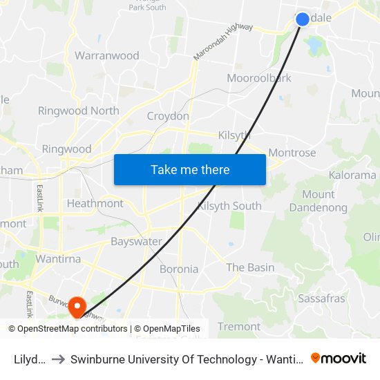 Lilydale to Swinburne University Of Technology - Wantirna Campus map