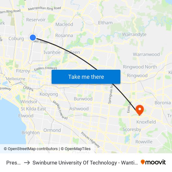 Preston to Swinburne University Of Technology - Wantirna Campus map