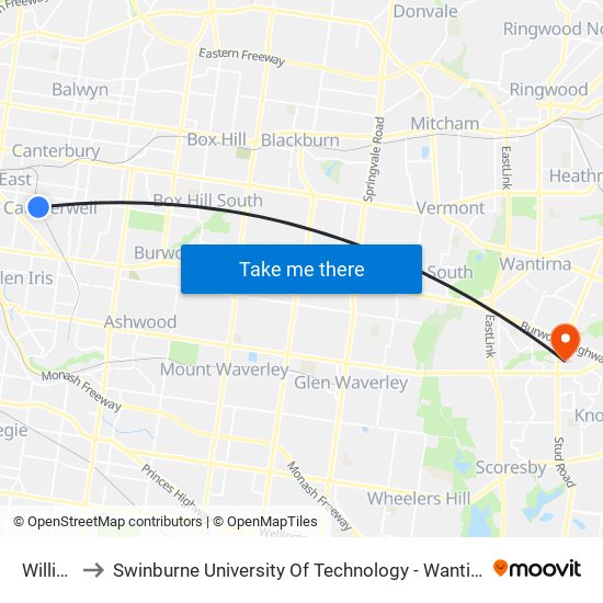 Willison to Swinburne University Of Technology - Wantirna Campus map