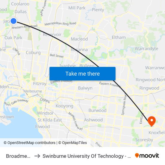 Broadmeadows to Swinburne University Of Technology - Wantirna Campus map