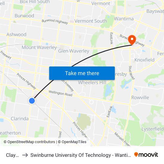 Clayton to Swinburne University Of Technology - Wantirna Campus map