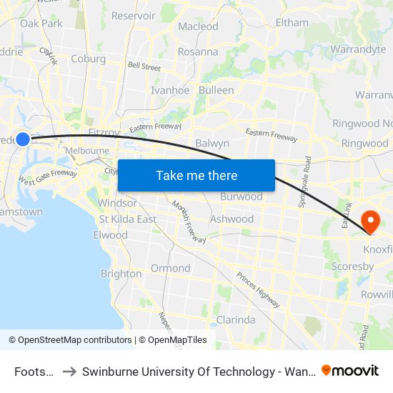 Footscray to Swinburne University Of Technology - Wantirna Campus map