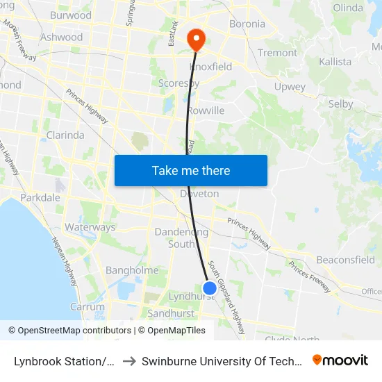 Lynbrook Station/Moreton Bay Bvd to Swinburne University Of Technology - Wantirna Campus map