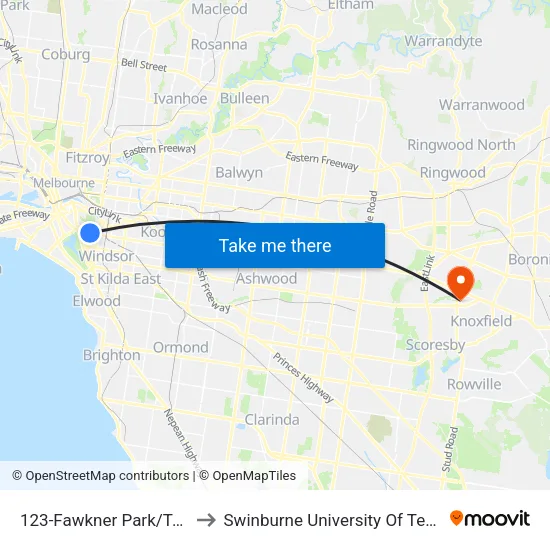 Fawkner Park/Toorak Rd #123 to Swinburne University Of Technology - Wantirna Campus map
