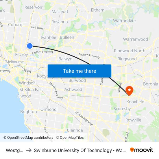 Westgarth to Swinburne University Of Technology - Wantirna Campus map