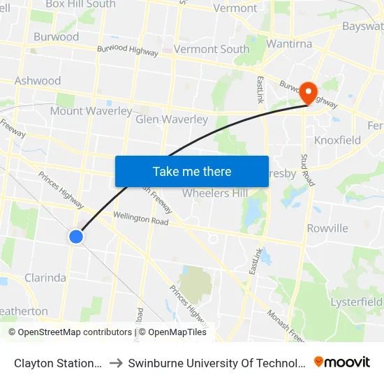 Clayton Station/Carinish Rd to Swinburne University Of Technology - Wantirna Campus map