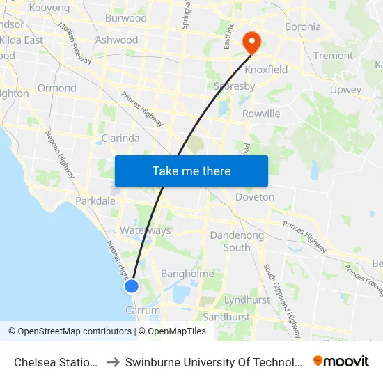 Chelsea Station/Station St to Swinburne University Of Technology - Wantirna Campus map