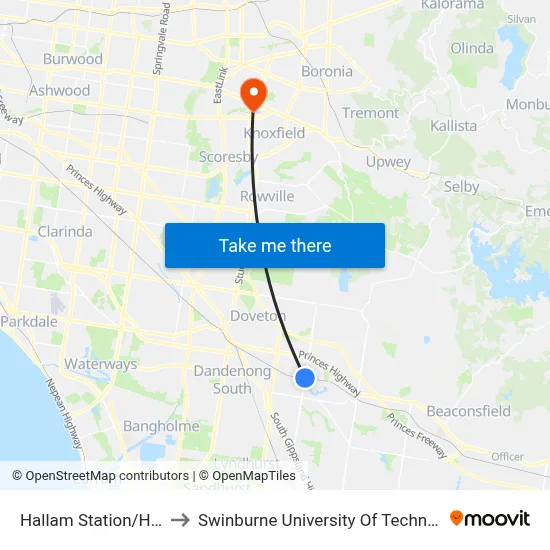 Hallam Station/Hallam South Rd to Swinburne University Of Technology - Wantirna Campus map