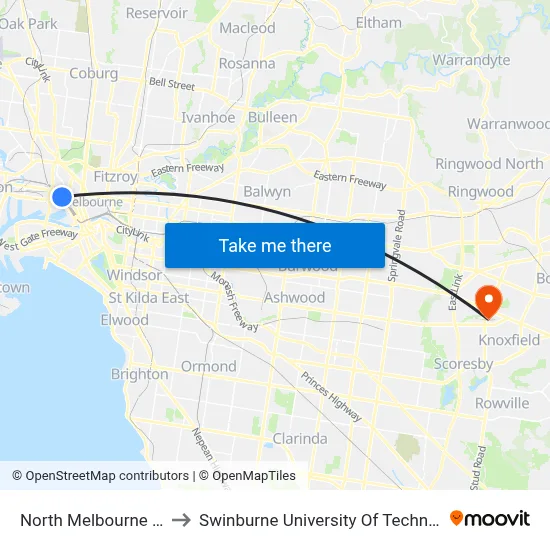 North Melbourne Railway Station to Swinburne University Of Technology - Wantirna Campus map
