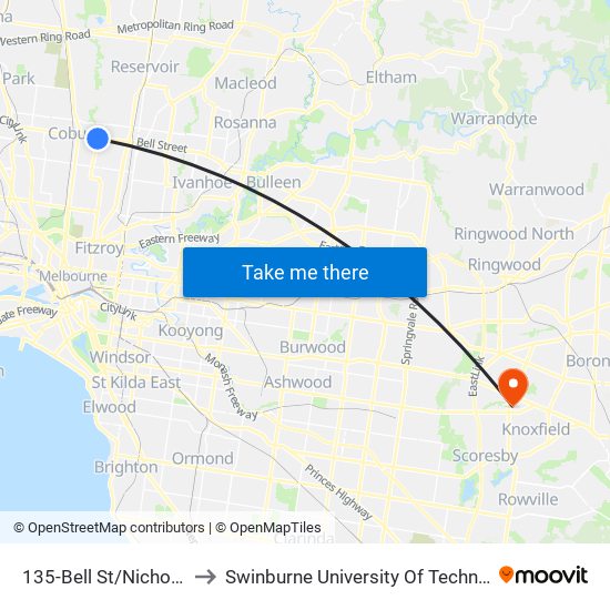 135-Bell St/Nicholson St (Coburg) to Swinburne University Of Technology - Wantirna Campus map