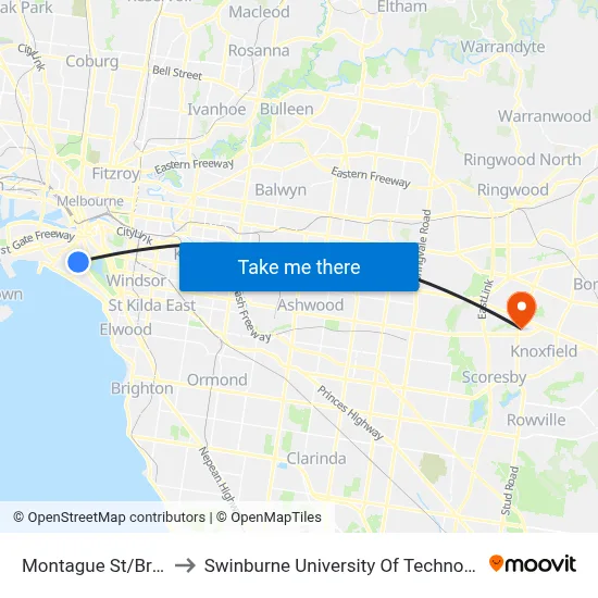 Montague St/Bridport St #28 to Swinburne University Of Technology - Wantirna Campus map