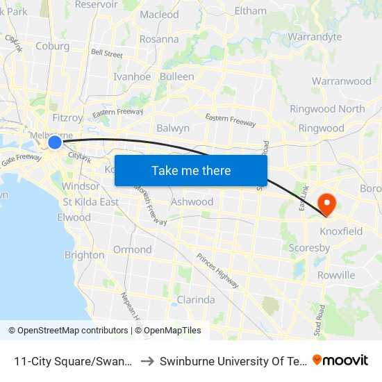 11-City Square/Swanston St (Melbourne City) to Swinburne University Of Technology - Wantirna Campus map