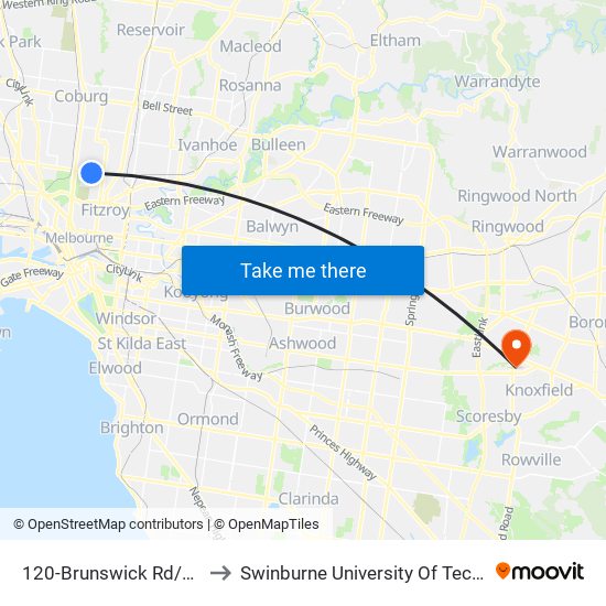 120-Brunswick Rd/Lygon St (Brunswick) to Swinburne University Of Technology - Wantirna Campus map