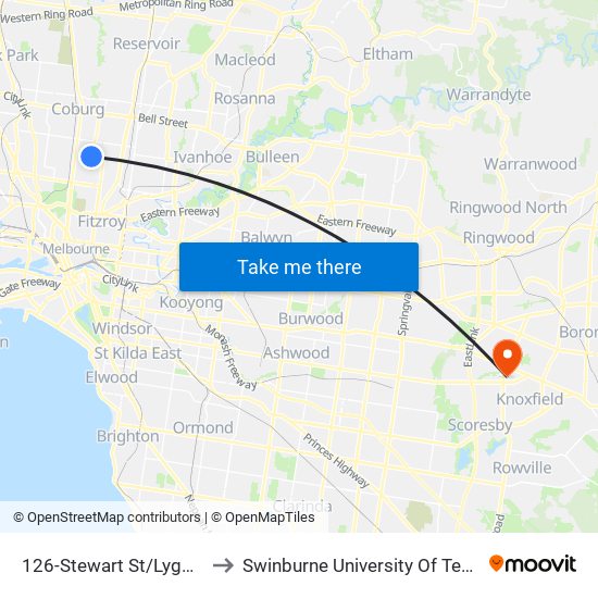126-Stewart St/Lygon St (Brunswick East) to Swinburne University Of Technology - Wantirna Campus map