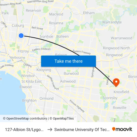Albion St/Lygon St #127 to Swinburne University Of Technology - Wantirna Campus map
