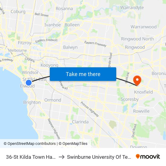 36-St Kilda Town Hall/Carlisle St (St Kilda) to Swinburne University Of Technology - Wantirna Campus map