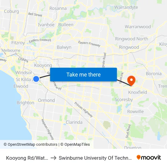 Kooyong Rd/Wattletree Rd #42 to Swinburne University Of Technology - Wantirna Campus map