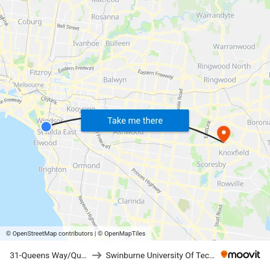 Queens Way/Queens Way #31 to Swinburne University Of Technology - Wantirna Campus map