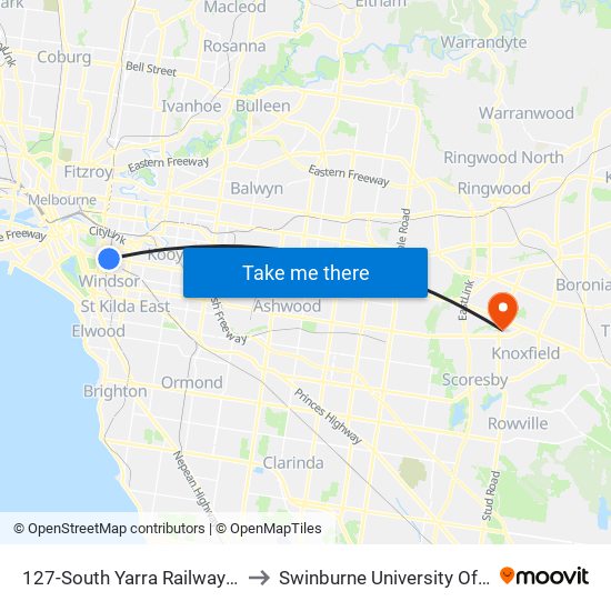 127-South Yarra Railway Station/Toorak Rd (South Yarra) to Swinburne University Of Technology - Wantirna Campus map