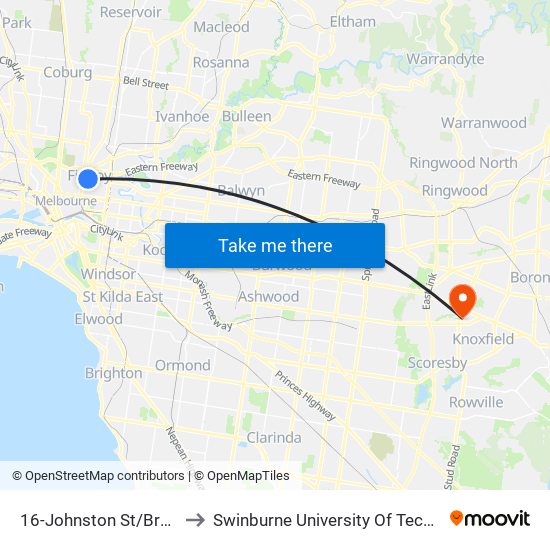 16-Johnston St/Brunswick St (Fitzroy) to Swinburne University Of Technology - Wantirna Campus map