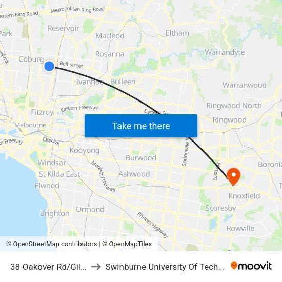 Oakover Rd/Gilbert Rd #38 to Swinburne University Of Technology - Wantirna Campus map
