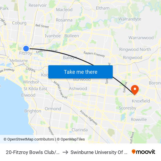 20-Fitzroy Bowls Club/Brunswick St (Fitzroy North) to Swinburne University Of Technology - Wantirna Campus map