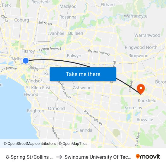 8-Spring St/Collins St (Melbourne City) to Swinburne University Of Technology - Wantirna Campus map