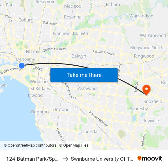 124-Batman Park/Spencer St (Melbourne City) to Swinburne University Of Technology - Wantirna Campus map