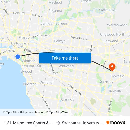 131-Melbourne Sports & Aquatic Centre/Albert Rd (Albert Park) to Swinburne University Of Technology - Wantirna Campus map