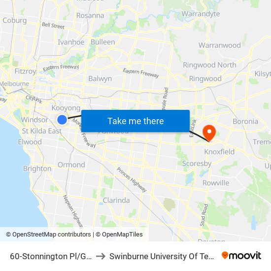 60-Stonnington Pl/Glenferrie Rd (Malvern) to Swinburne University Of Technology - Wantirna Campus map