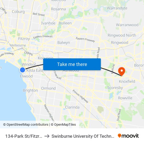 134-Park St/Fitzroy St (St Kilda) to Swinburne University Of Technology - Wantirna Campus map