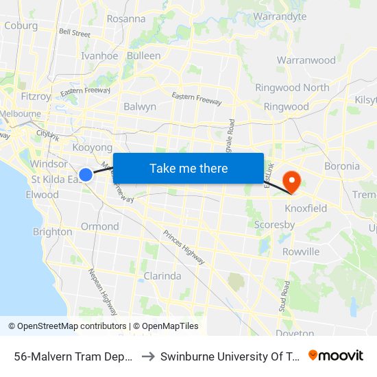 56-Malvern Tram Depot/Glenferrie Rd (Malvern) to Swinburne University Of Technology - Wantirna Campus map