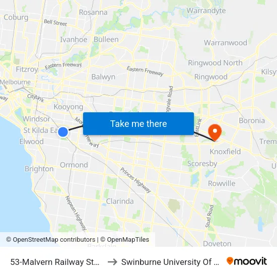 Malvern Railway Station/Glenferrie Rd #53 to Swinburne University Of Technology - Wantirna Campus map