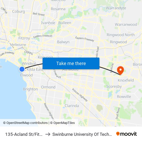 135-Acland St/Fitzroy St (St Kilda) to Swinburne University Of Technology - Wantirna Campus map