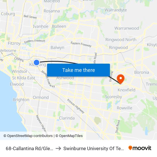 68-Callantina Rd/Glenferrie Rd (Hawthorn) to Swinburne University Of Technology - Wantirna Campus map