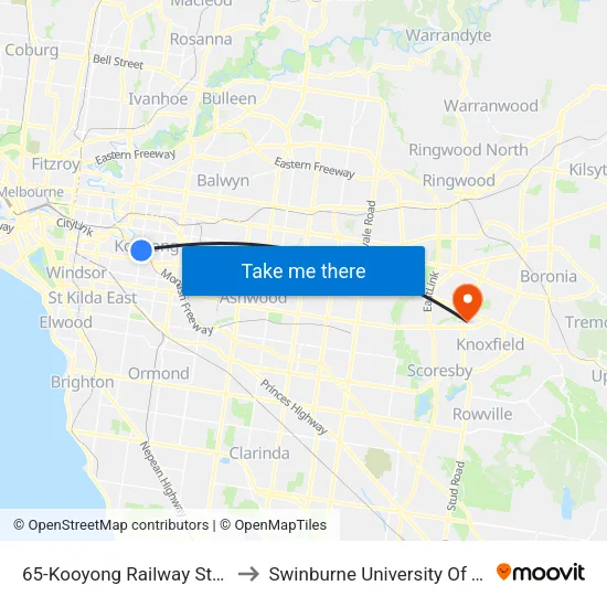 Kooyong Railway Station/Glenferrie Rd #65 to Swinburne University Of Technology - Wantirna Campus map