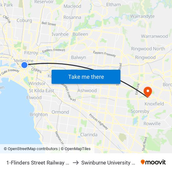 1-Flinders Street Railway Station/Elizabeth St (Melbourne City) to Swinburne University Of Technology - Wantirna Campus map