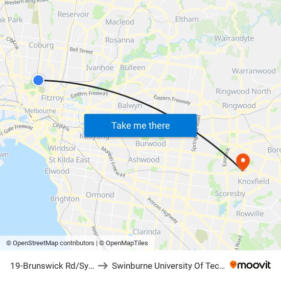 19-Brunswick Rd/Sydney Rd (Brunswick) to Swinburne University Of Technology - Wantirna Campus map