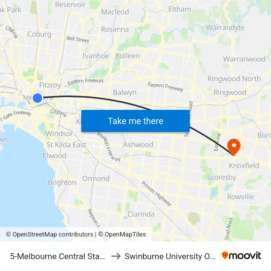 Melbourne Central Station/Elizabeth St #5 to Swinburne University Of Technology - Wantirna Campus map
