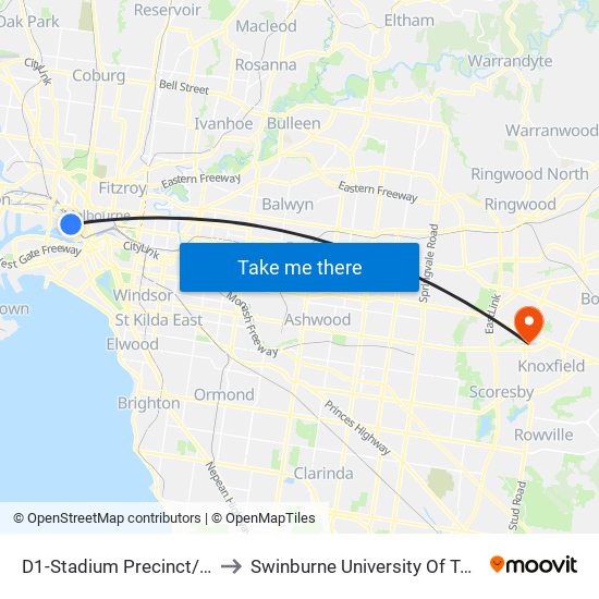 D1-Stadium Precinct/La Trobe St (Docklands) to Swinburne University Of Technology - Wantirna Campus map
